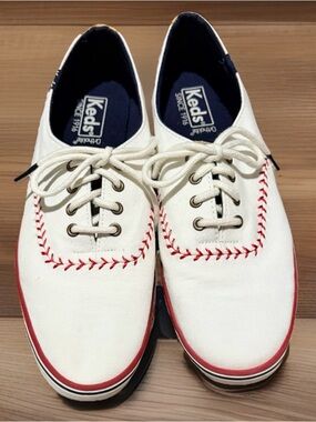 Keds Baseball Stitch White Canvas Sneakers Womens 8.5 Sporty Summer Shoes